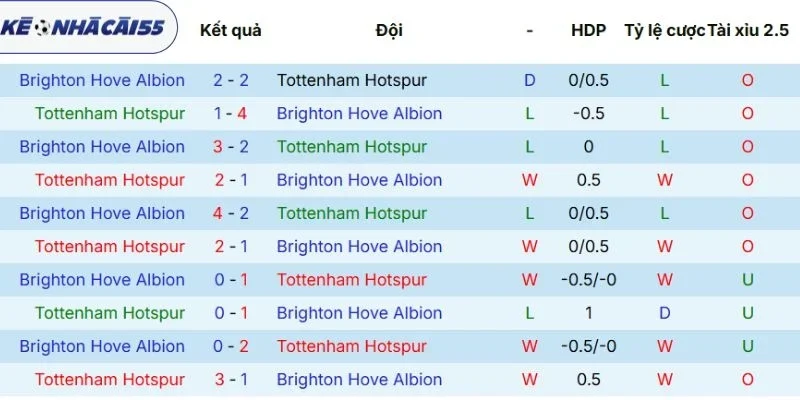 Kết quả đụng độ Tottenham vs Brighton trước đó
