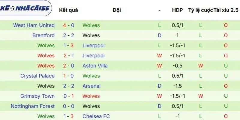 Kết quả thi đấu của Wolves vừa qua